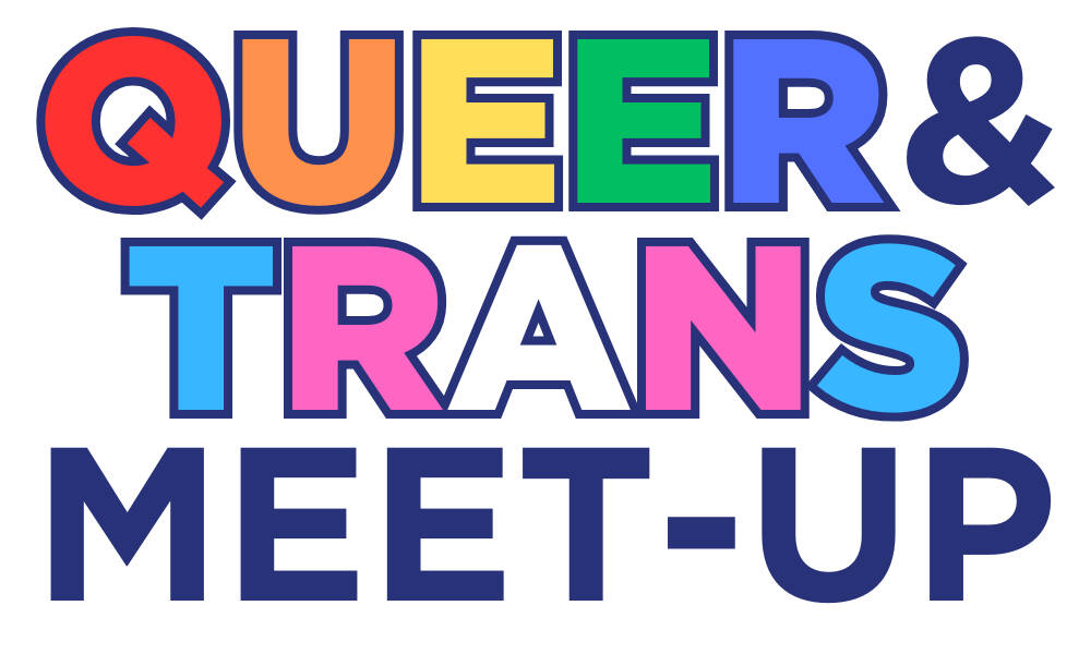 Q&T meet-up logo in rainbow and trans colors
